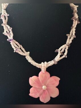 Shell Handmade Pink Flower Pendant With White Beaded Necklace Button Clasp